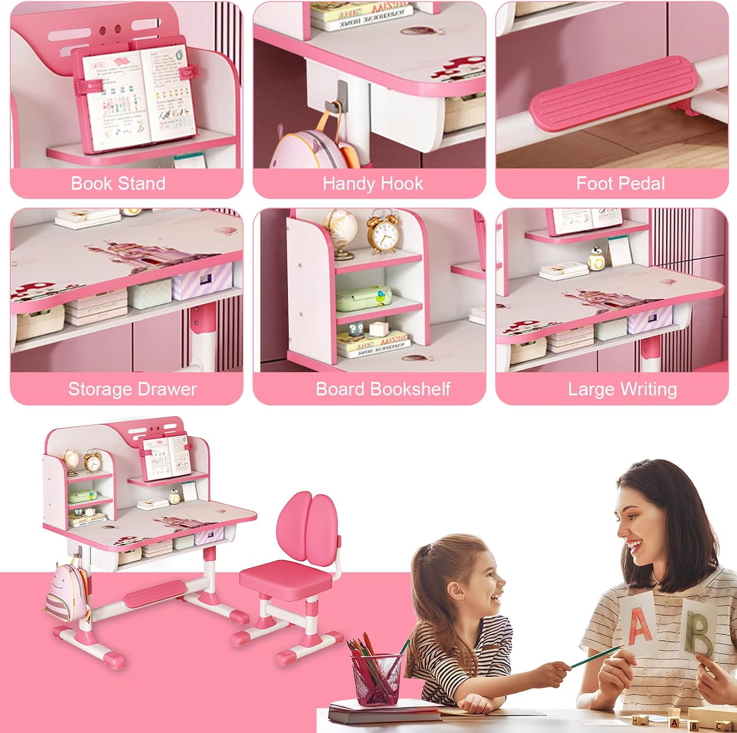Kids Functional Desk and Chair Set, Height Adjustable Children School Study Table Chair Set with Astronaut Pattern, Ergonomic Desk Chair with Large Writing Board, Bookshelf and Drawer Pink