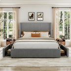 King Bed Frame with 4 Storage Drawers, Corduroy Upholstered Platform Bed