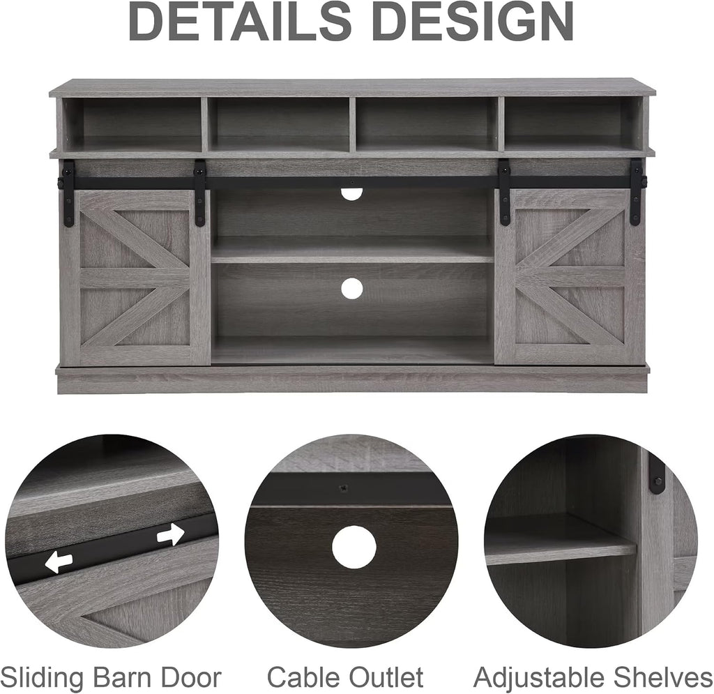 TV Stand Sliding Barn Door Modern&Farmhouse Wood Entertainment Center, Storage Cabinet Table Living Room with Adjustable Shelves for TVs Up to 65" (Gray, Farmhouse with Open Shelf)
