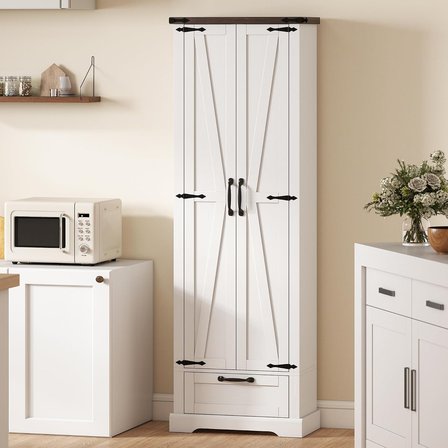 HOMCOM 71" Tall Kitchen Pantry Storage Cabinet Barn Doors Drawer White | Farmhouse, Adjustable Shelves, Freestanding Food Pantry Cabinet, for Kitchen, Dining Room