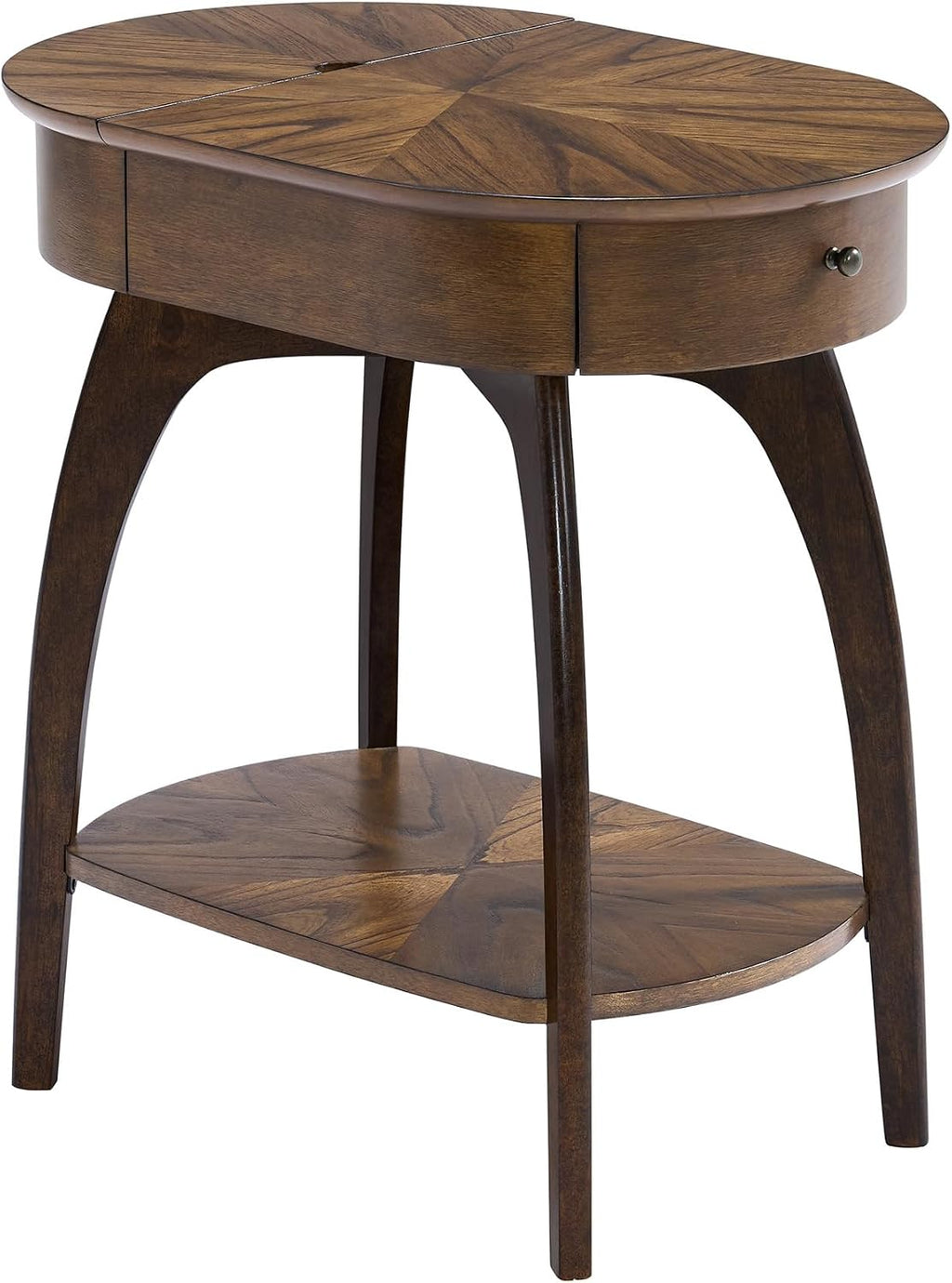 LAX Mid-Century Modern Wood Chairside End Table with USB Charging Station, Drawer and Shelf Storage. Nutmeg with Espresso Legs