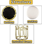 Pre-Assembled Modern Gold Vanity Stool, White Sherpa Boucle Round Ottoman & Metal Frame Pouf, 17.7" No Assembly Required Makeup Chair, Cozy Teddy Footrest for Bedroom & Living Room