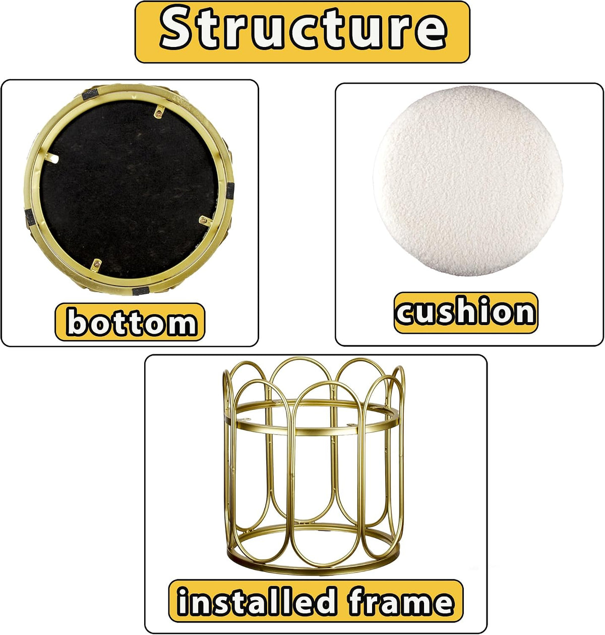 Pre-Assembled Modern Gold Vanity Stool, White Sherpa Boucle Round Ottoman & Metal Frame Pouf, 17.7" No Assembly Required Makeup Chair, Cozy Teddy Footrest for Bedroom & Living Room