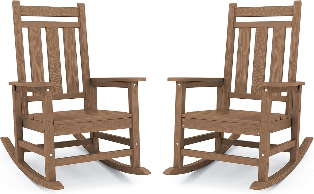 KINGYES Oversized Outdoor Rocking Chair Set of 2, HDPE Patio Rockers, Brown | | All-Weather Patio Rocking Chairs for Porch | High Back & Wide Seat for Garden, Lawn