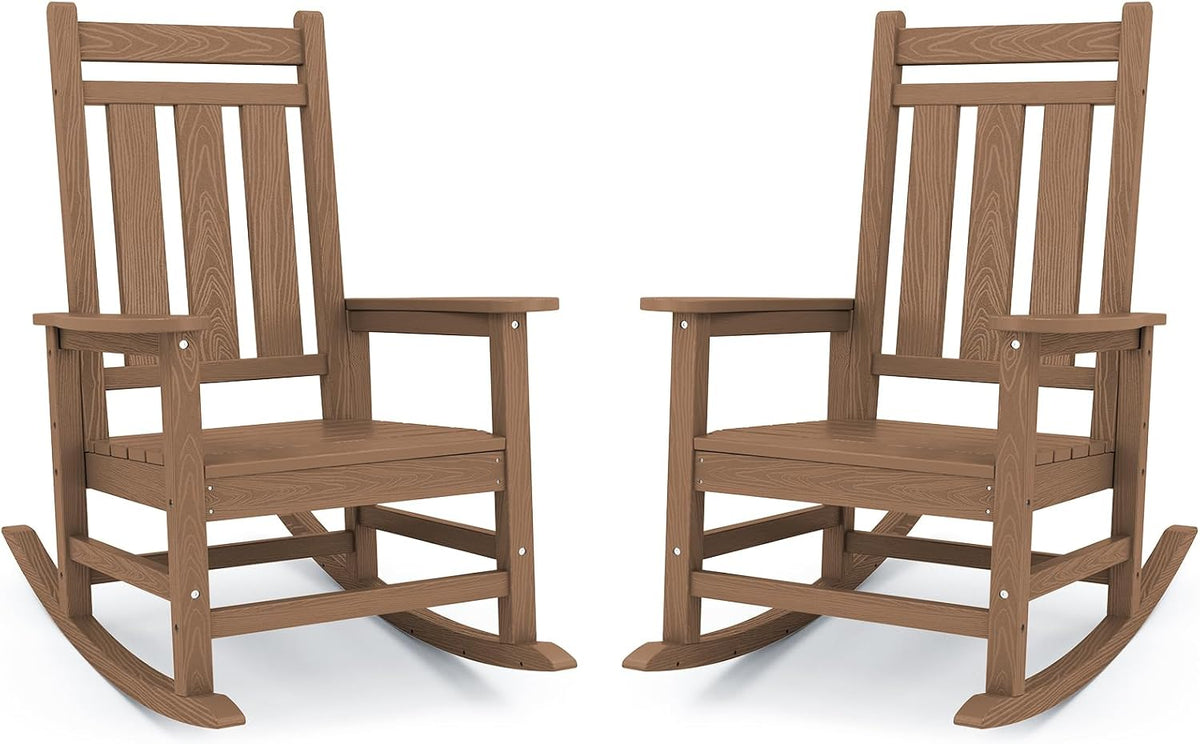 KINGYES Oversized Outdoor Rocking Chair Set of 2, HDPE Patio Rockers, Brown | | All-Weather Patio Rocking Chairs for Porch | High Back & Wide Seat for Garden, Lawn