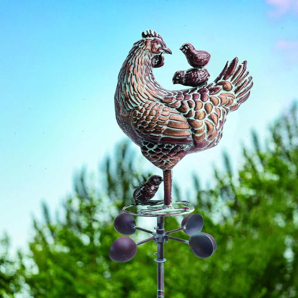 3D Large Metal Hen with Chicks Statue Wind Spinner,79" H Kinetic Garden Chicken Wind Sculpture,Mother Hen & Chicks Wind Vane,Metal Yard Art,Antique Copper Chicken Decorfor Outdoor Patio Lawn Yard