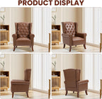 Faux Leather Accent Chair, Mid-Century Armchair Upholstered Club Sofa Chair with Wooden Legs, High Back Living Room Chair for Bedroom, Office, Lounge (Brown)