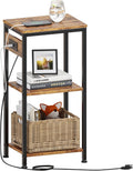 Side Table with Charging Station, Nightstand with USB Ports and Outlets, Tall Side Table with 3 Storage Shelves, Small Entry Table for Living Room, Bedroom, Sofa Couch, Hallway, Office, Rustic Brown