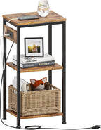 Side Table with Charging Station, Nightstand with USB Ports and Outlets, Tall Side Table with 3 Storage Shelves, Small Entry Table for Living Room, Bedroom, Sofa Couch, Hallway, Office, Rustic Brown