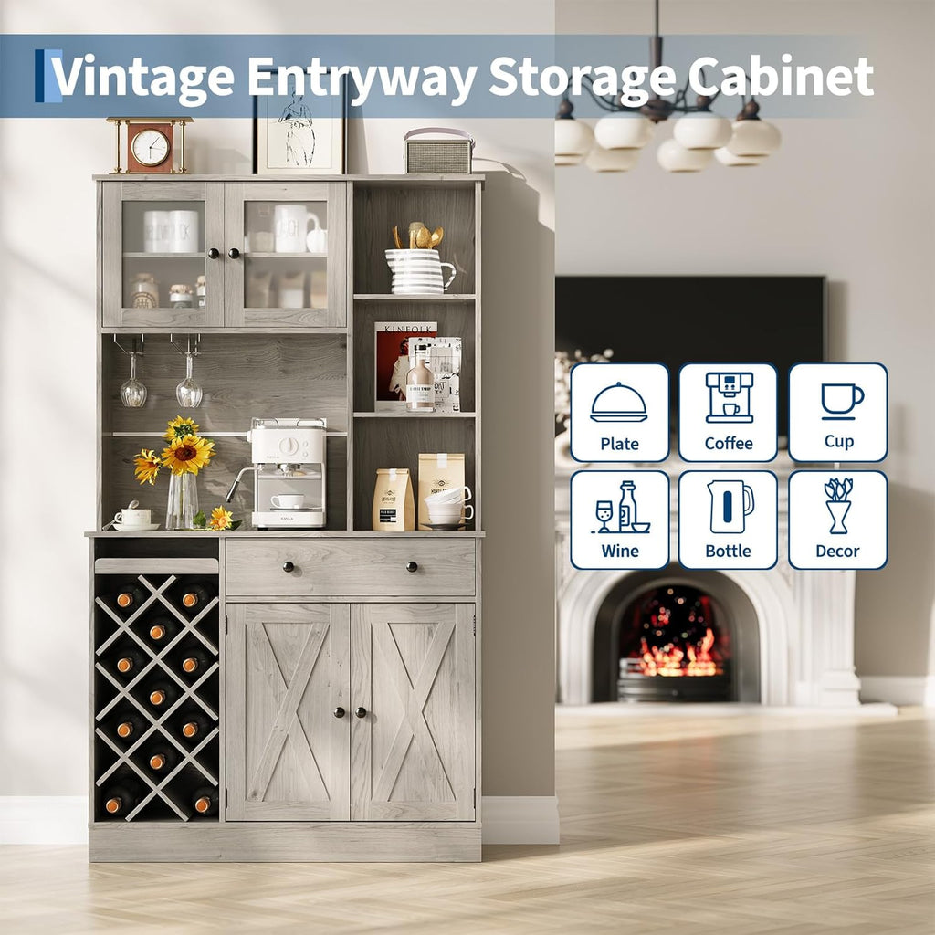 IDEALHOUSE 72 Inch Tall Kitchen Pantry Cabinet with Power Outlet - Wine Bottle Rack, Barn Doors, Ample Storage, Modern Sideboard Buffet for Dining Room, Kitchen, or Home Bar