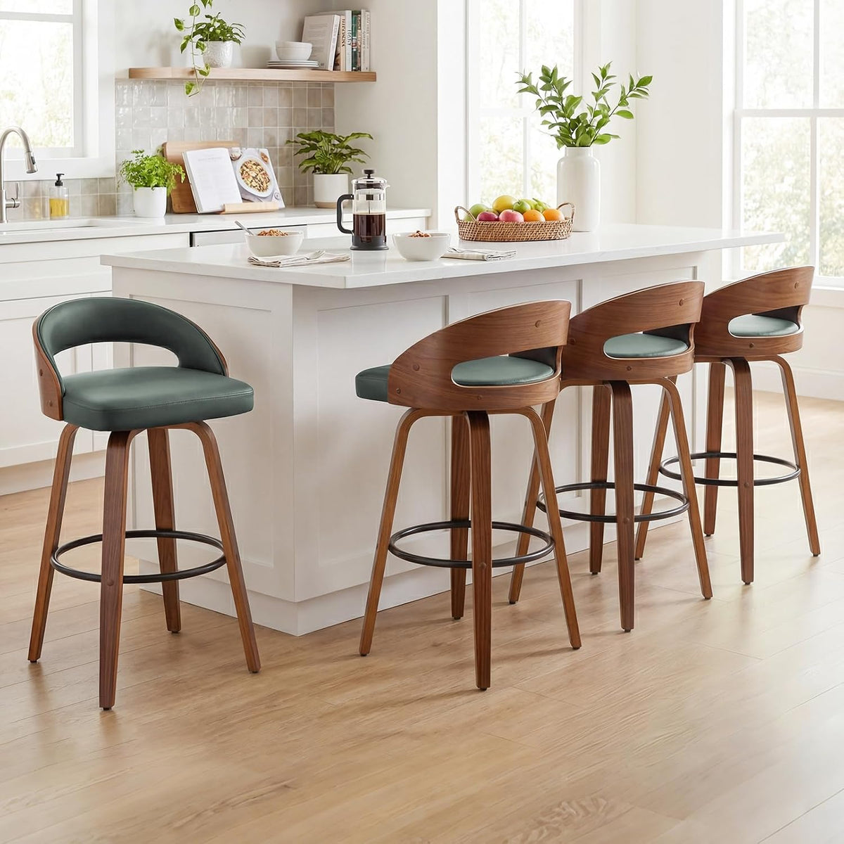 Set of 2 Swivle Counter Stools, 25" Counter Height Bar Stools with Upholstered Seat Bentwood Frame Mid Century Modern Stools for Kitchen Island, Counter, Green