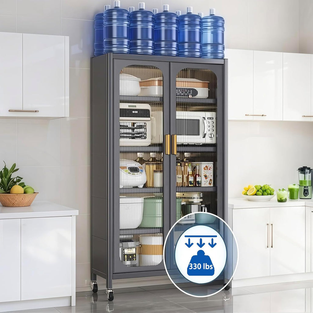 Spaco 65" Kitchen Pantry Storage Cabinet,5 Tiers Food Pantry Cabinet with Adjustable Shelves & Transparent Door,Metal Display Storage Cabinet on Wheels for Kitchen,Living Room and Dining Room. (Grey)