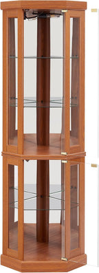 Tall Corner Cabinet with Glass Doors, Lighted Glass Display Curio Cabinet with Adjustable Shelves, Home Office Floor Standing Display Cabinets for Bar, Liquor Storage and Medal, Dark Oak
