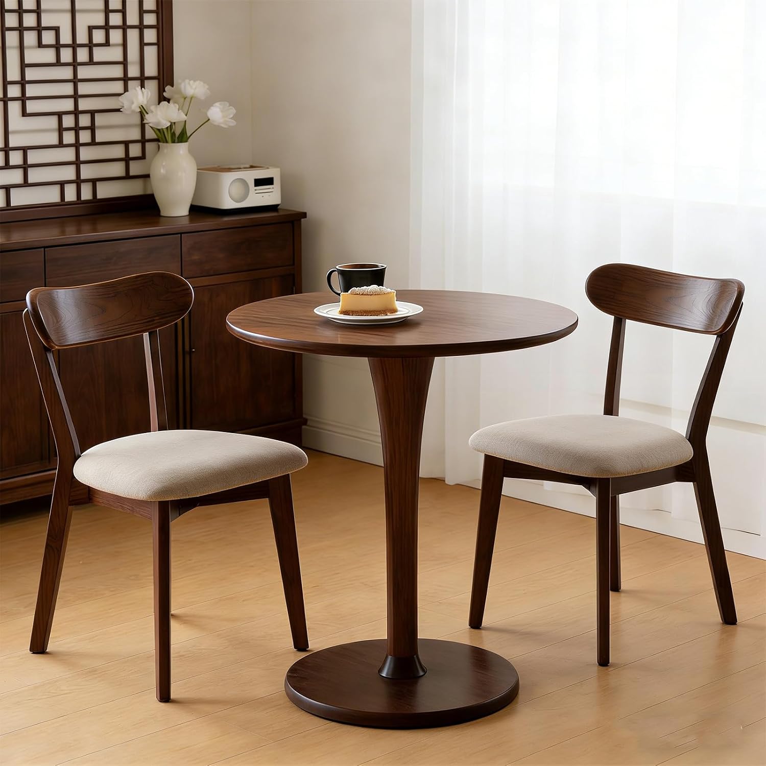 Mid Century Modern Walnut Dining Chair – FAS-Grade Oak Frame, Single Solid Wood Armless Side Chair, Heavy Duty 400 lbs Commercial Grade, Curved Back & Upholstered Seat for Kitchen, Cafe, Restaurant
