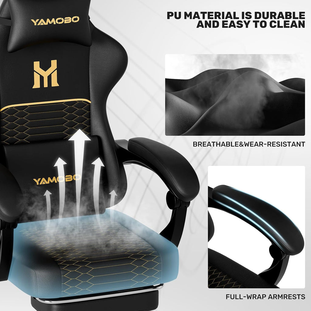 Gaming Chair with Footrest, Ergonomic Video Game Chair with Adjustable Lumbar and Headrest Massage Support,PU Leather High Back Recliner Comfortable for Office, Game and Study, Black