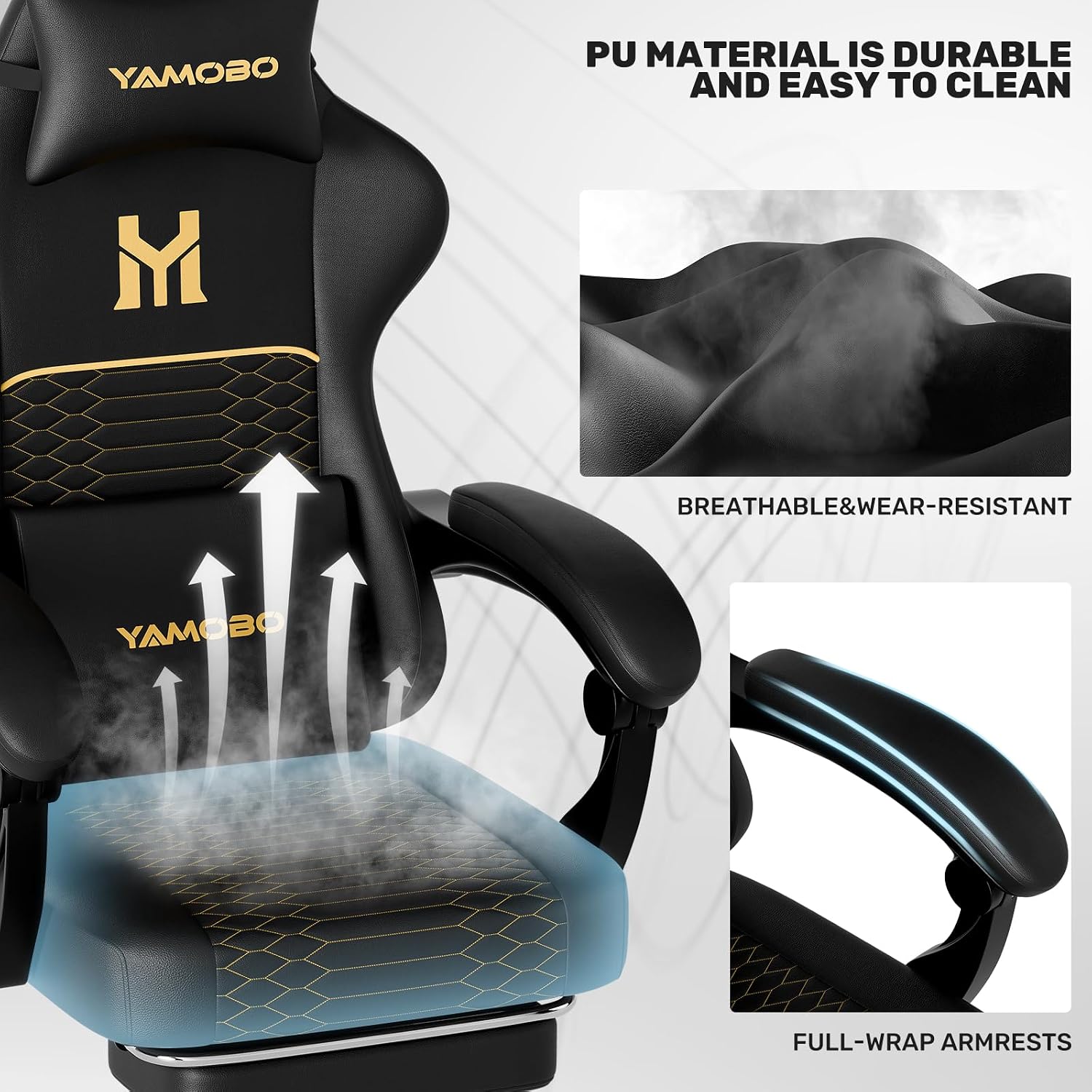 Gaming Chair with Footrest, Ergonomic Video Game Chair with Adjustable Lumbar and Headrest Massage Support,PU Leather High Back Recliner Comfortable for Office, Game and Study, Black