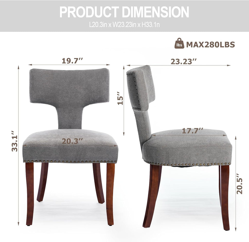 Dining Chair Set of 2 Linen Fabric Curved Backrest Farmhouse Mid Century Accent Upholstered Kitchen Chairs with Wood Legs and Foot Pad for Dining Room/Living Room/Restaurant,Grey
