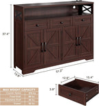 51" Dark Brown Buffet Sideboard Cabinet, Farmhouse Storage Cabinet Kitchen Pantry with Shelf and Drawers, Wood Cupboard Hutch Cabinet, Coffee Bar Station Table for Kitchen, Living Room, Dining Room