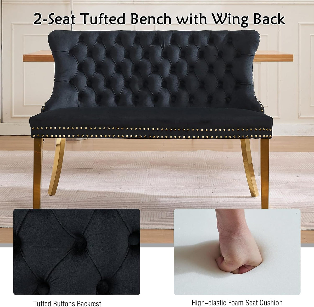 Henf Modern Tufted Velvet Dining Bench with Wing Back, 2-Seat, Nailhead Trim, Sturdy Stainless Steel Legs, Entryway Bench Small Upholstered Loveseat Sofa, 45.6''W x 22.7''D x 35.2''H (Black&Gold)