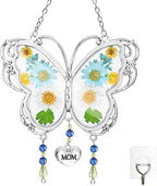 LARAINE Butterfly Suncatcher with Pressed Flower Wings Mother's Day Butterfly Glass Wind Chime Ornament Charm with Metal Heart Gifts for Grandma Aunt Birthday (Mom, Blue)