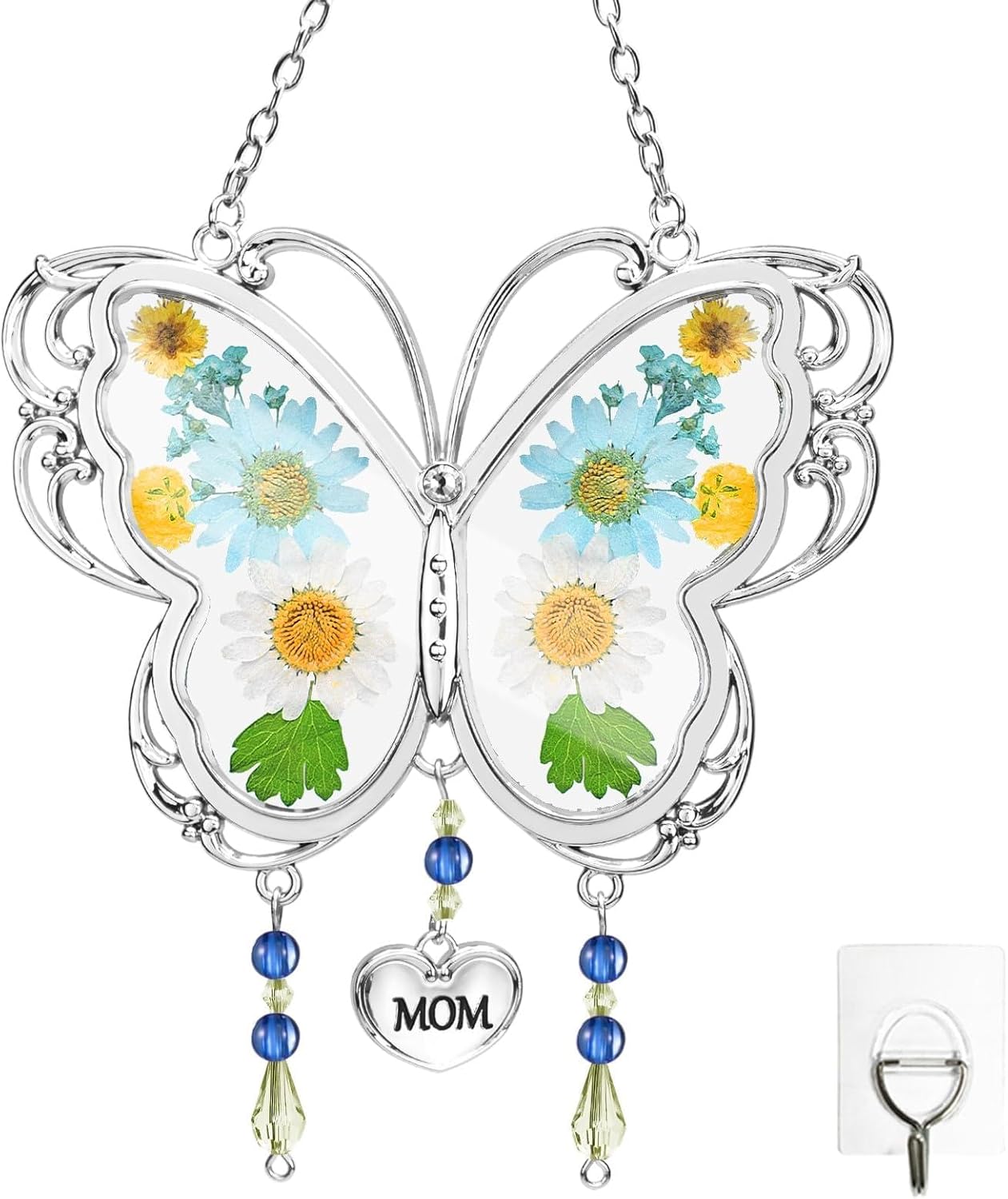 LARAINE Butterfly Suncatcher with Pressed Flower Wings Mother's Day Butterfly Glass Wind Chime Ornament Charm with Metal Heart Gifts for Grandma Aunt Birthday (Mom, Blue)