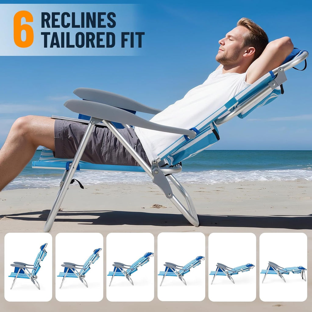 Overmont Low Beach Chair with Cooler Bag - 6-Positions Lay Flat with Ergonomic Armrests- Wide Seat with Lumbar Support, Towel Holder- Heavy-Duty 330lbs Support- Perfect for Summer, Travel & Relaxation