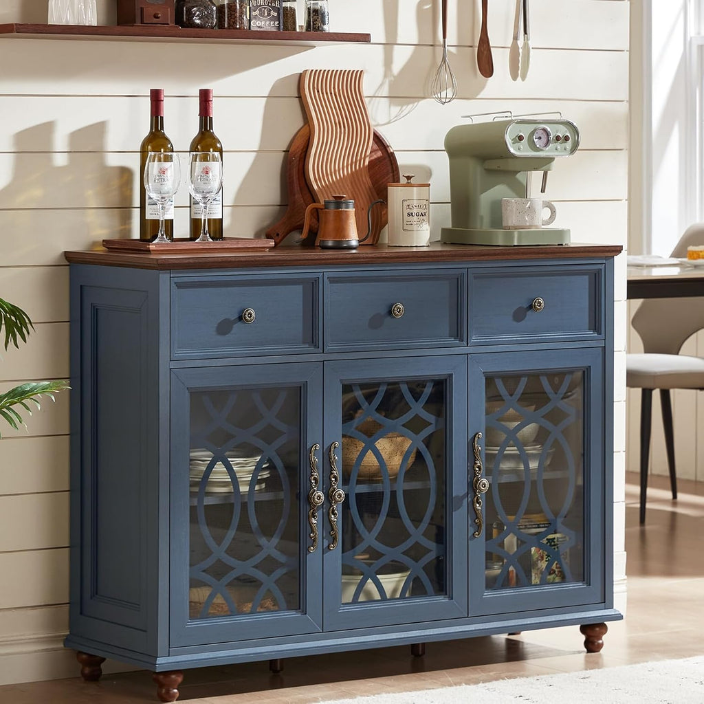Joaxswe Farmhouse Sideboard Buffet Cabinet with Storage,48" Large Credenza with 3 Glass Doors & 3 Drawers,Adjustable Shelves Console Table,Wood Kitchen Coffee Bar for Dining Room,Living Room,Navy Blue