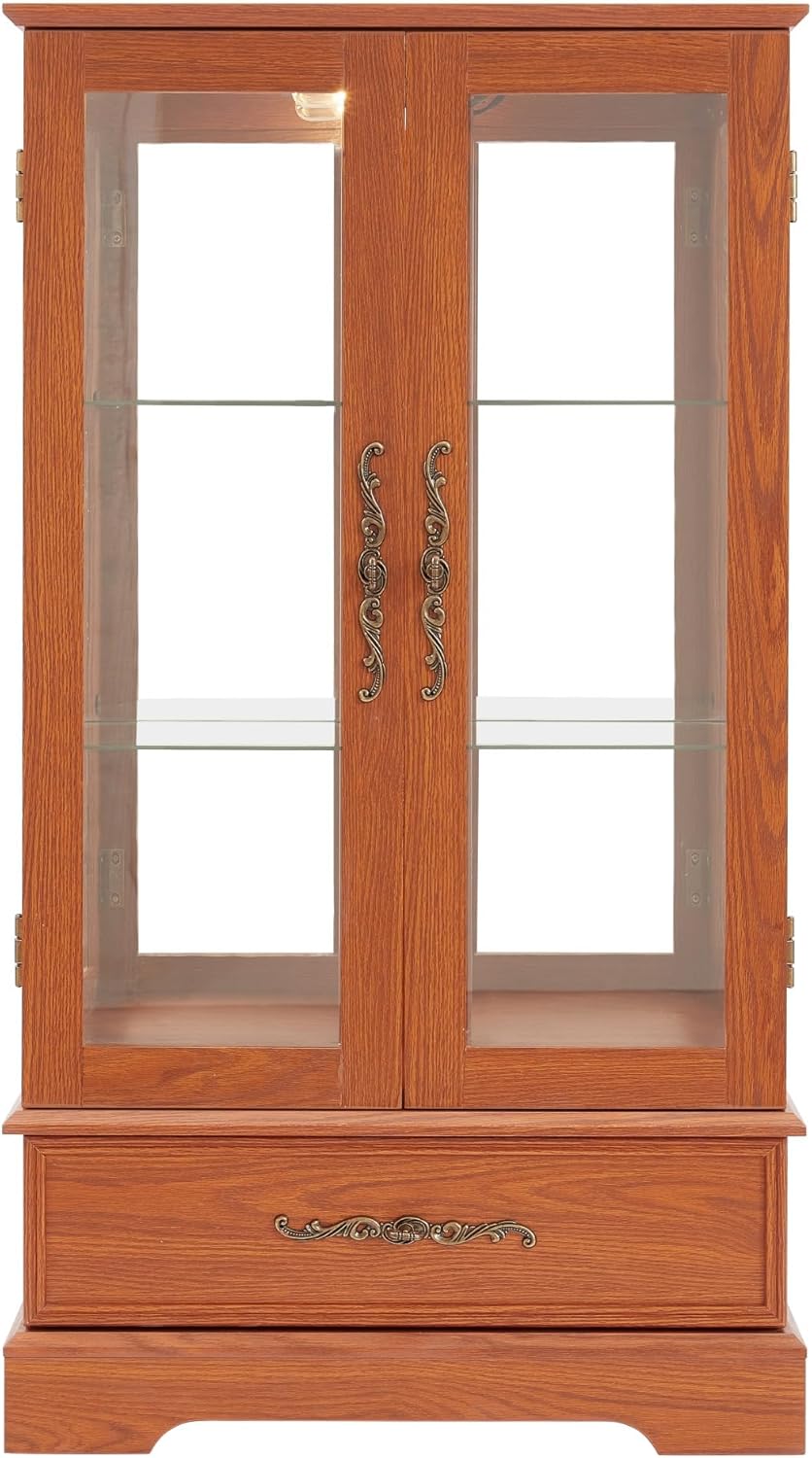47" Lighted Glass Accent Curio Cabinet, 3-Tier Antique Storage Cage with Adjustable Shelves & Drawer, Acrylic Mirrored Pane, Light Blub Included, Small China Cabinet for Living Room/Kitchen (Dark Oak)