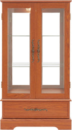 47" Lighted Glass Accent Curio Cabinet, 3-Tier Antique Storage Cage with Adjustable Shelves & Drawer, Acrylic Mirrored Pane, Light Blub Included, Small China Cabinet for Living Room/Kitchen (Dark Oak)