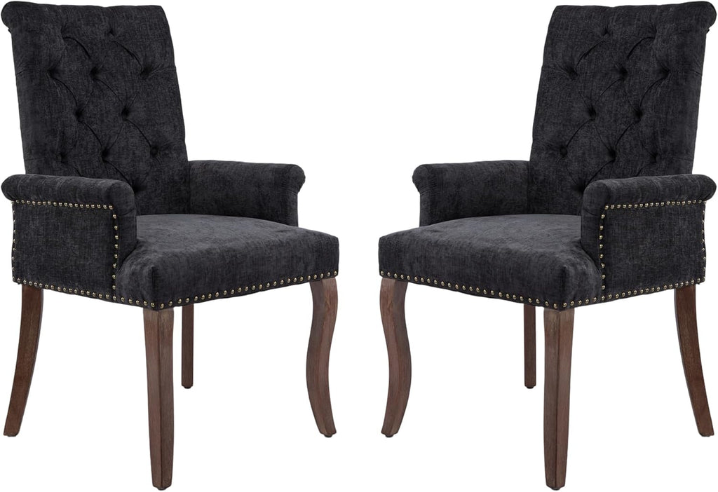 mikibama Chenille Upholstered Dining Chairs with High Back Set of 2,Vintage Tufted Kitchen Chairs with Rolled Arms,Farmhouse Fabric Accent Side Chair with Arms for Living Room (2, Black)