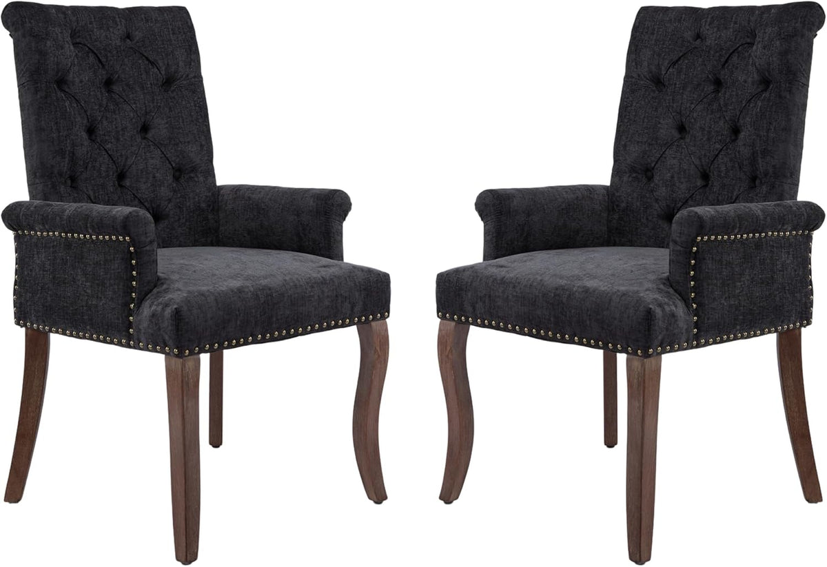 mikibama Chenille Upholstered Dining Chairs with High Back Set of 2,Vintage Tufted Kitchen Chairs with Rolled Arms,Farmhouse Fabric Accent Side Chair with Arms for Living Room (2, Black)