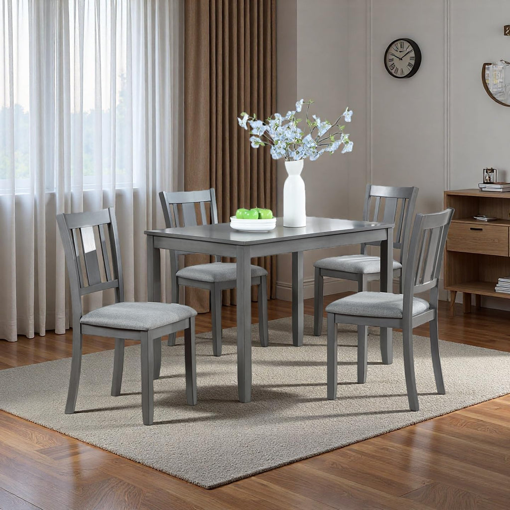 RuiSiSi 5 Piece Dining Table Set for 4, Farmhouse Kitchen Table with 4 Padded Seat Chairs, Solid Wood Dinette Set for Kitchen, Living Room, Grey