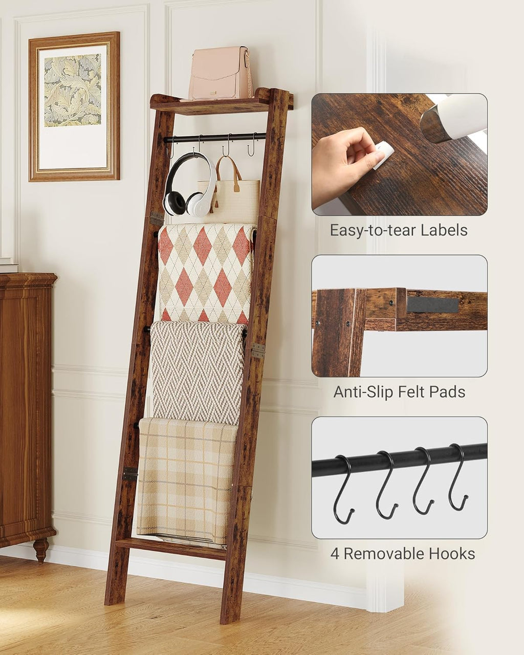 Hzuaneri Blanket Ladder Shelf, Decorative Quilt Rack, 6-Tier Farmhouse Ladder Holder Organizer with 4 Removable Hooks 7.9" D x 17.3" W x 63.4" H, Rustic Brown BR35801B