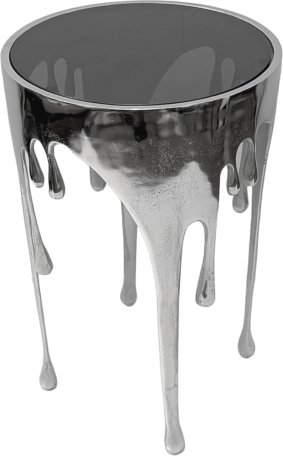 TUP THE URBAN PORT Capri Side End Table, 24.75 Inch Round Glass Top, Silver Finish, Melting Drip Design Base, Modern Glam Accent Table for Living Room, Bedroom and Home Decor Display
