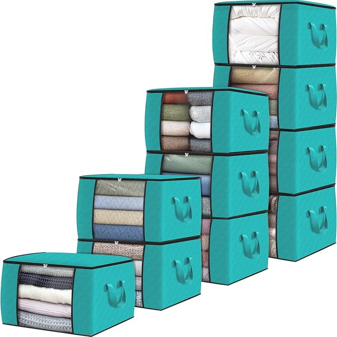 Fab totes 10 Pack Clothes Storage, Foldable Thick Fabric Blanket Storage Bags, Containers for Organizing Bedroom, Closet, Clothing, Comforter,Closet Organization with Handle,Green