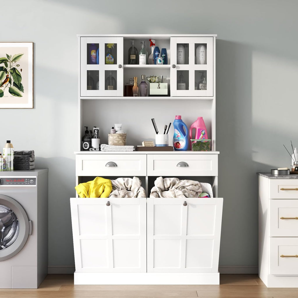 Gyfimoie Kitchen Pantry Cabinet with Double Tilt Out Trash Cabinet, 68" Tall Storage Cabinets with 2 Drawers & Hutch, 20 Gallon Hidden Trash Can Cabinets, Kitchen Cupboard with Microwave Coffee Stand