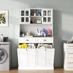 Gyfimoie Kitchen Pantry Cabinet with Double Tilt Out Trash Cabinet, 68" Tall Storage Cabinets with 2 Drawers & Hutch, 20 Gallon Hidden Trash Can Cabinets, Kitchen Cupboard with Microwave Coffee Stand