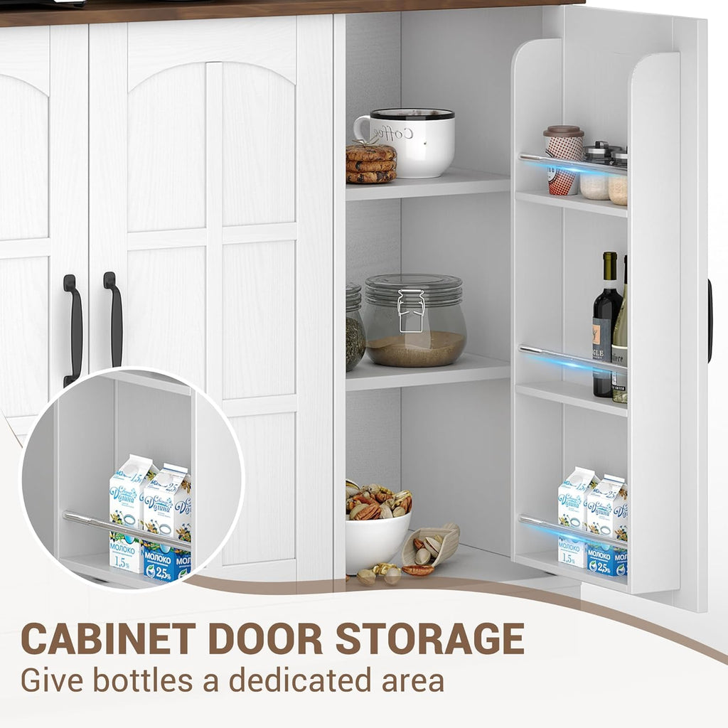 Tall Kitchen Pantry Cabinet with Glass Doors and Hutch, 70.9'' Storage, Built-in Charging Station, Dining Room Wine Rack & Cupboard - Modern White and Brown