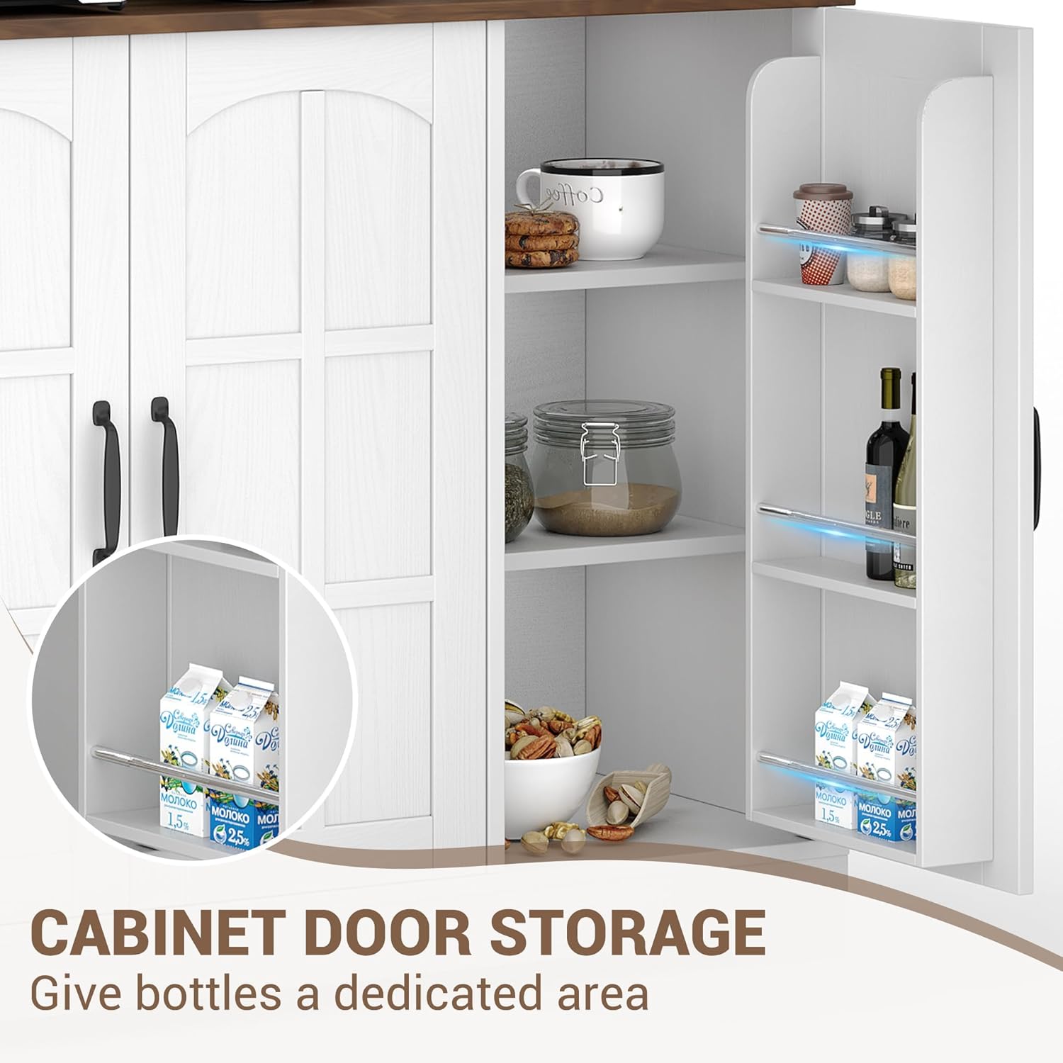 Tall Kitchen Pantry Cabinet with Glass Doors and Hutch, 70.9'' Storage, Built-in Charging Station, Dining Room Wine Rack & Cupboard - Modern White and Brown