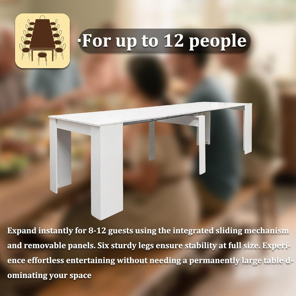 JOYSOURCE Extendable Dining Room Table for up to 12 People 20-119 inch Adjustable Large Extra Long Rectangular Space Saving Folding Dinner Table for Kitchen, Dining Room White Marble Finish