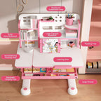 Kids Desk and Chair Set, Height Adjustable Kids Study Desk with Bookshelf and Storage Drawer, 50 Degree Tiltable Desktop Children’s Table and Chairs for Bedroom Study Room Pink