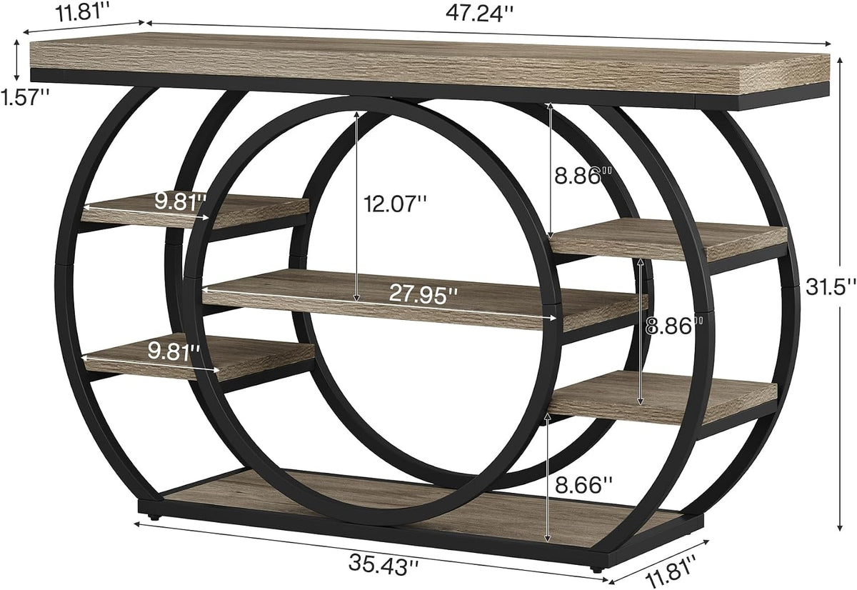Tribesigns 47" Industrial Entryway Table with Staggered 5-Tier Shelf | Narrow Console with Metal Frame, 5-Tier Sofa Table for Living Room Entryway, Hallway, Foyer, Gray