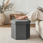 Hexagon Storage Ottoman, 15 Inch Foldable Footstool Charcoal Grey | Soft Velvet Upholstery, Hidden Storage, Compact Footrest, Small Accent Ottoman for Entryway, Living Room and Dorm