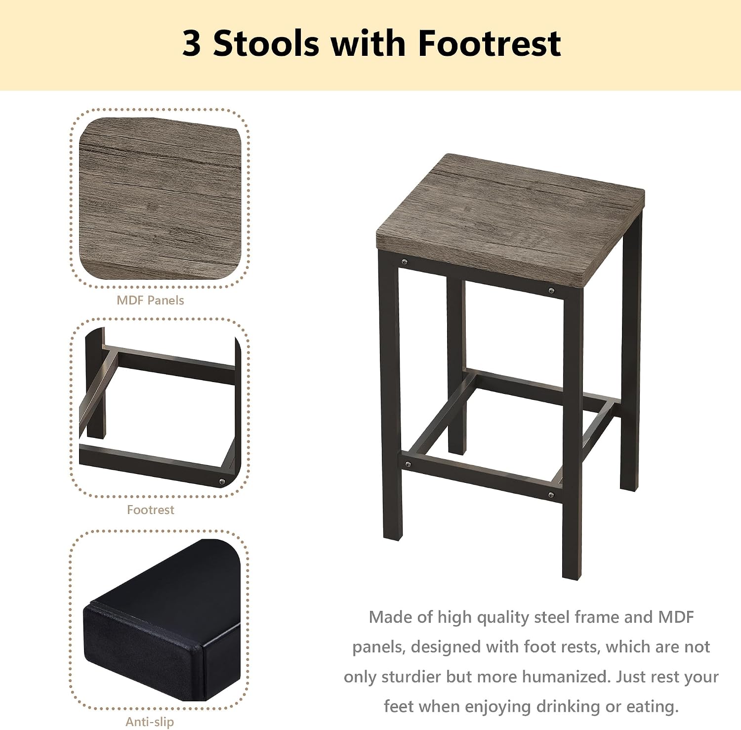 Merax Modern Design 4-Piece Counter Height Extra Long Dining Table Set with 3 Stools and Side Table with Footrest,Space-Saving Pub Kitchen Set,Easy Assembly,Brown Gray