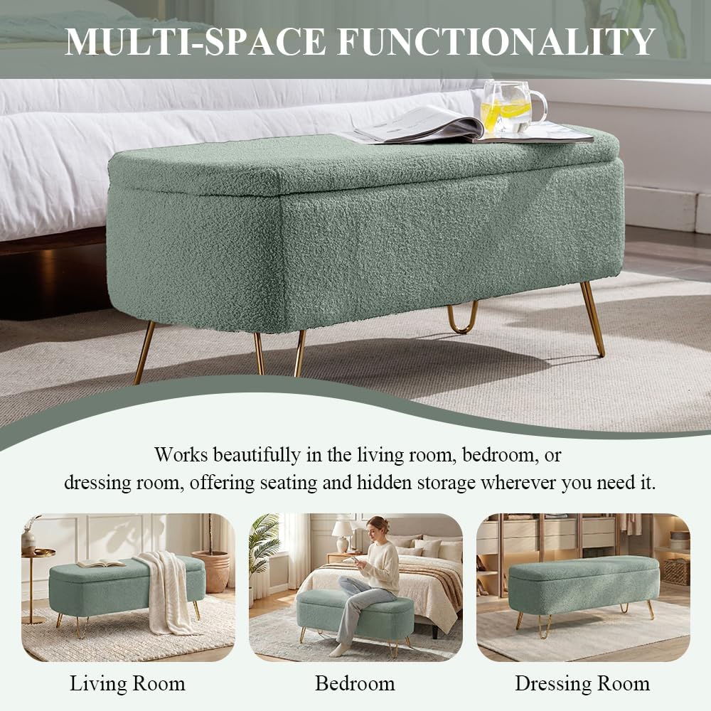 Modern Storage Ottoman Bench, Teddy Upholstered Entryway Bench with Gold Legs, Vintage End of Bed Bench with Safety Hinge, Padded Bench with Storage for Living Room, Bedroom, Entryway (Green)