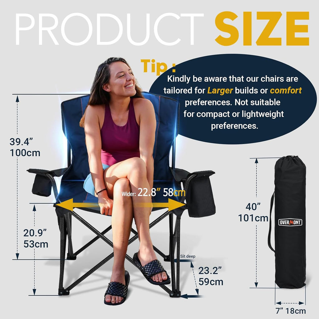 Overmont Oversized Camping Chair for Adults, Heavy Duty Folding Camp Chair Supports 450 LBS, Fully Padded High Back with Cooler Bag, Cup Holder, Side Pockets & Carry Bag