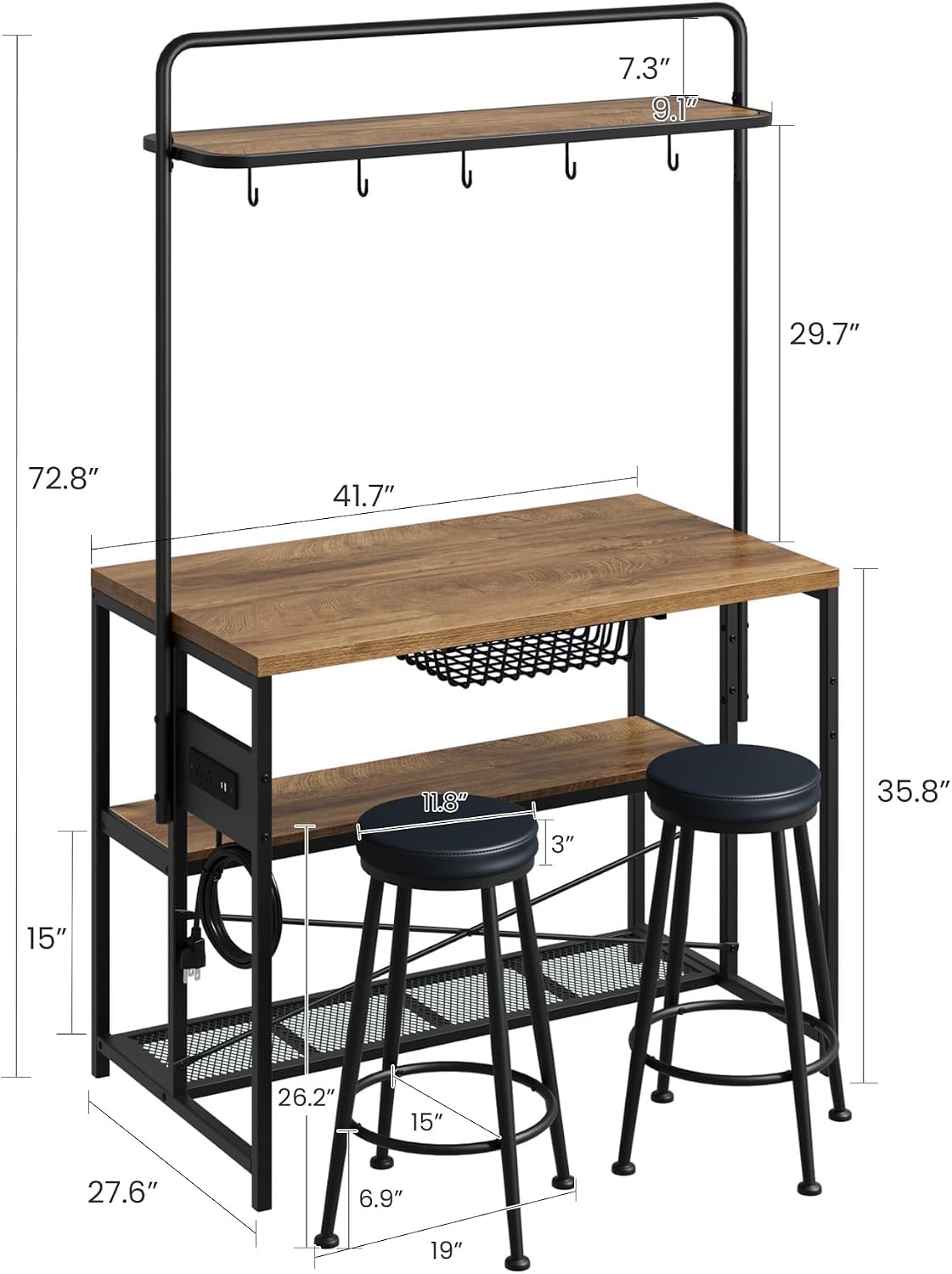 Kitchen Microwave Stand Coffee Bar Table with Storage, Natural | Small Kitchen Island with Power Outlet, 2 Bar Stools ＆ 5 Hooks, adjustable Industrial Bakers Rack for Apartment Dining Room