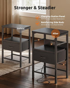 Lazzanto Nightstands Set of 2 with Charging Station, Black Night Stand | 1 Fabric Drawer, Open Shelf, Hooks, USB-C USB-A Port AC Outlets, Bedroom, Living Room, Dorm, 2-pack