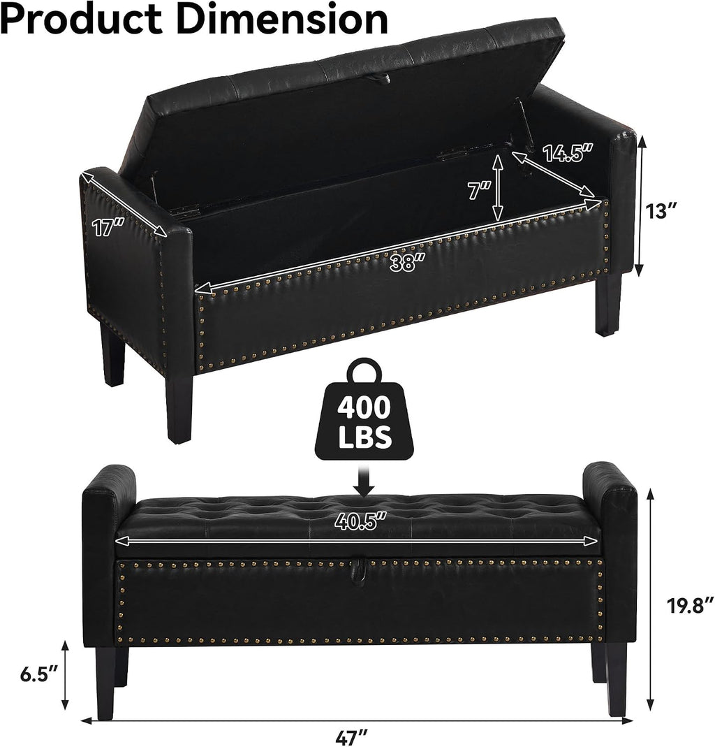 WUTUTUEE 47" Modern Water-Resistant Faux Leather Storage Ottoman Bench with Wooden Legs, Upholstered End of Bed Bench for Bedroom, Living Room or Entryway, Black