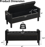 WUTUTUEE 47" Modern Water-Resistant Faux Leather Storage Ottoman Bench with Wooden Legs, Upholstered End of Bed Bench for Bedroom, Living Room or Entryway, Black